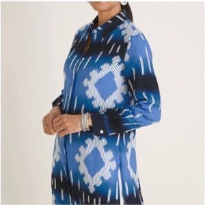 Chico's Ikat Print Midi Shirt Dress Sz 2 L/12 Tunic 100% Linen Long Sleeve